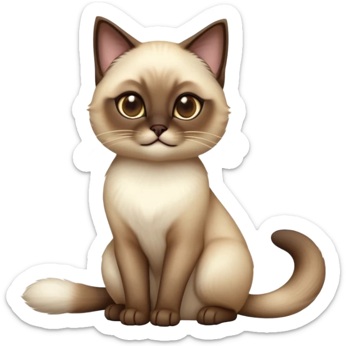 cinematic-[siamese cat]-realistic-full-body-sitting-emoji,-tail-curled-playfully-around-its-paws,-head-tilted-dramatically,-fluffy-[brown mask white light brown back]-fur,-simplified-yet-realistic-focused-features,-highly-detailed,-glowing-with-an-almost-sarcastic-glow sticker