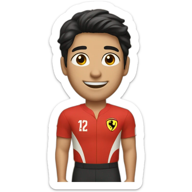A smiling white teen with a long face in red Ferrari jersey with very short black hair and light green eyes and dig cheeks sticker