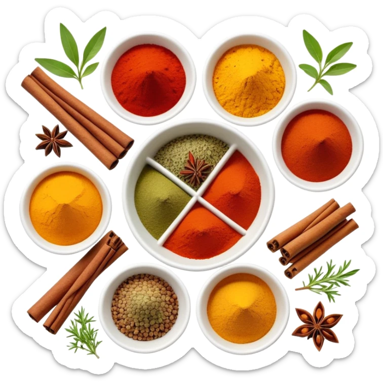 Assorted colorful spices in small bowls, including red paprika, yellow turmeric, green herbs, and brown cinnamon sticks sticker