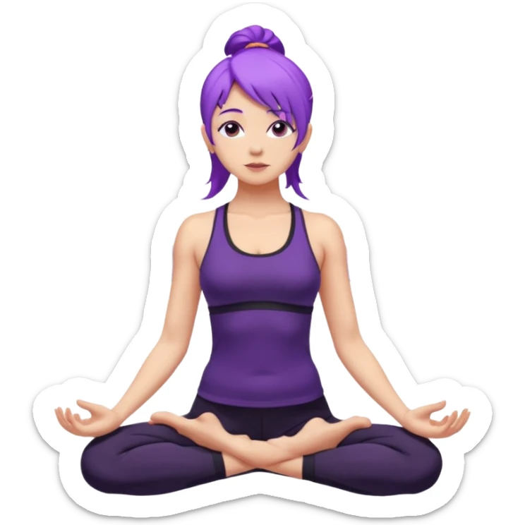 A woman with purple hair standing tall in mountain pose, wearing a black yoga outfit, calm expression, mandala background, digital art style. sticker