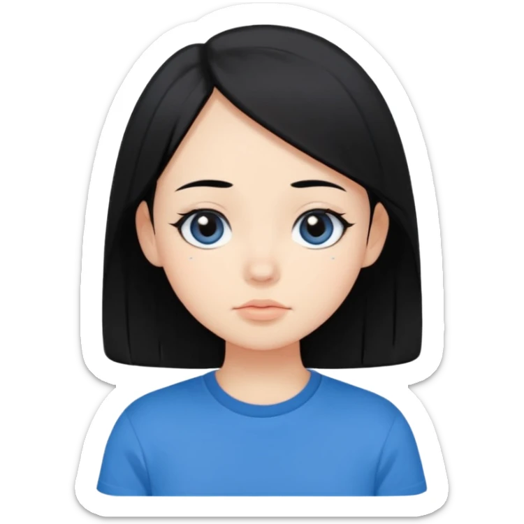 Cute cartoon-style girl portrait, black hair, blue t-shirt, big black eyes, closed mouth,clean bold lines, flat colors, minimal shading sticker