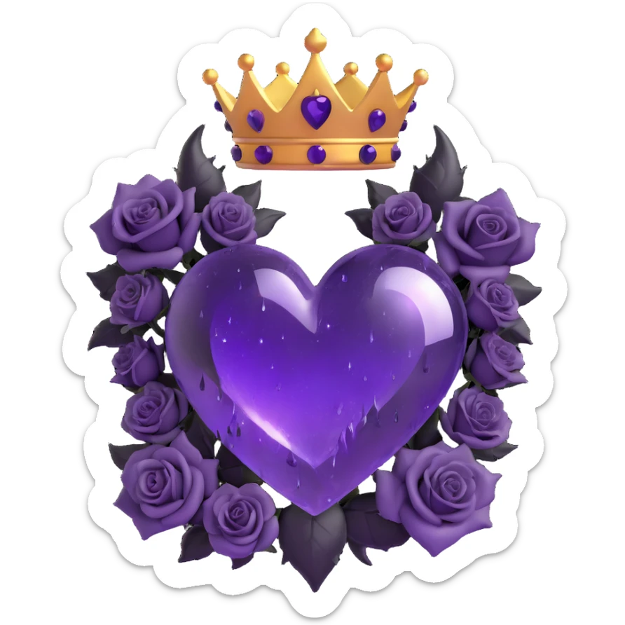 gothic heart made of purple glass with a crescent moon below the heart, black roses forming a crown, twinkling stardust, split lightning, scattered raindrops, splintered cracked glass texture sticker