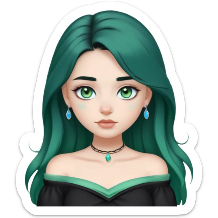 a soft, dolllike emoji girl with light sage green skin and big green-blue eyes, long black hair that swoops gently at the ends, a tiny silver nose stud and a eyebrow piercing on the left side. off the shoulder black top that shows her collarbones sticker