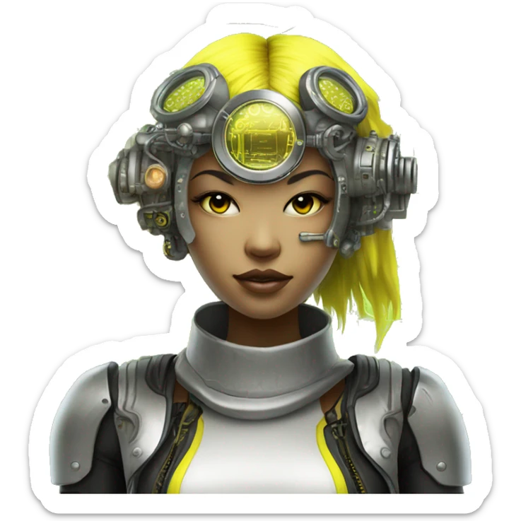 Neon yellow bobbed hair Asian female cyborg head with silver steampunk goggles and circuits sticker