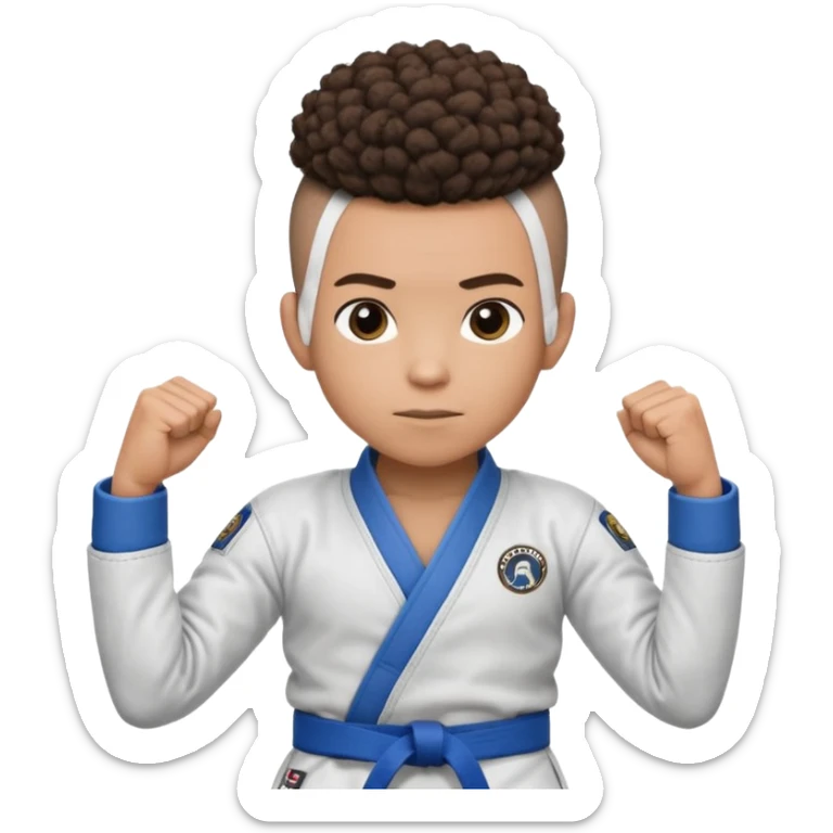 Mixed race boy BJJ instructor with pony tail afro hair and shaved bald sides haircut, Make the hair brown and the belt blue. Add the roger Gracie academy logo on the go also and the p logo of progress jiu jitsu on the right arm sleeve  at the top sticker
