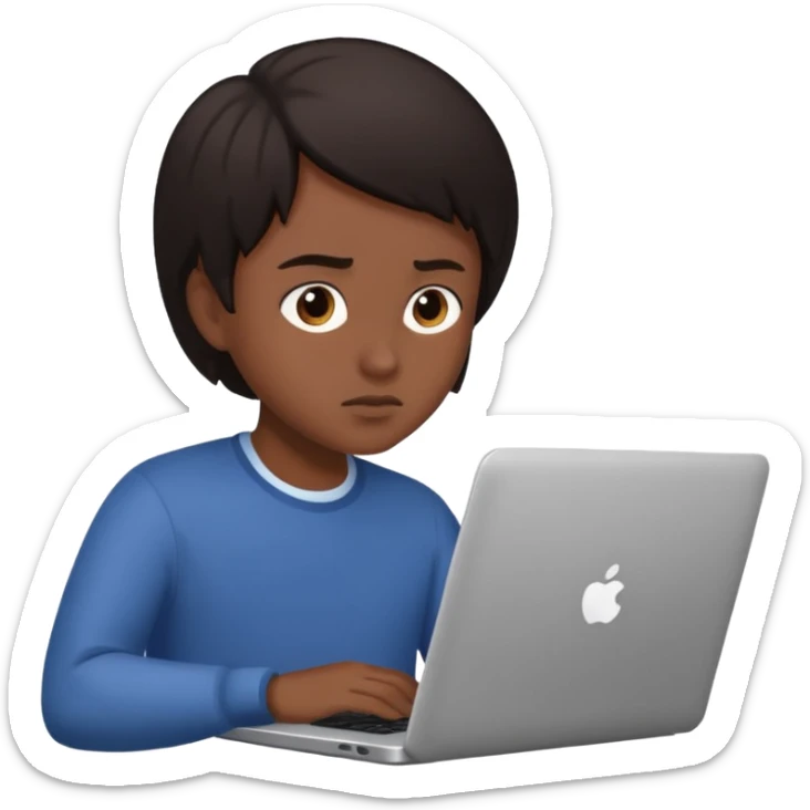 The central figure is an emoji of a person with dark hair with laptop sticker