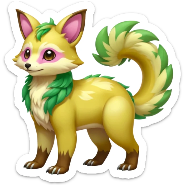 Colorful brown with rose-pink, yellow-beige-cream, jade-green tropical exotic shiny beautiful fantasy-Vernid-Cacomistle-animal-Fakémon-hybrid-fursona (full body) sticker