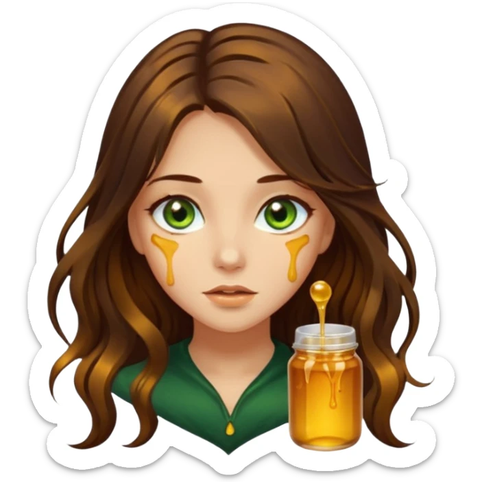Pretty girl, with long dark brown honey hair and green eyes and hair strands dripping with honey sticker