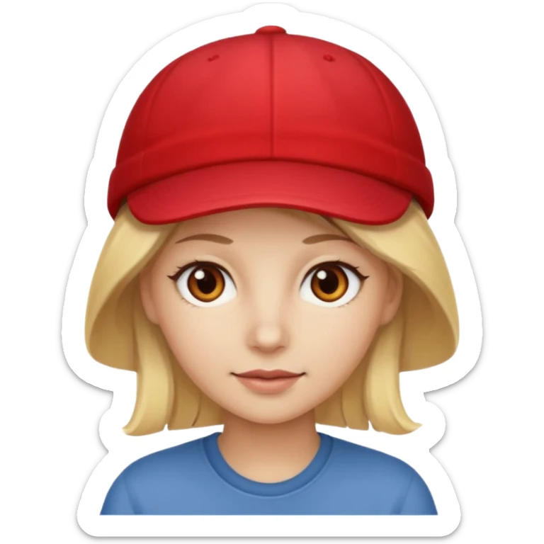 A blonde woman with light brown eyes with white skin and wearing a red cap sticker