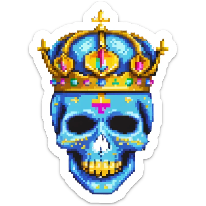 pixel art of a colorful skull with vibrant colors, wearing a gold crown and a bright ski mask sticker