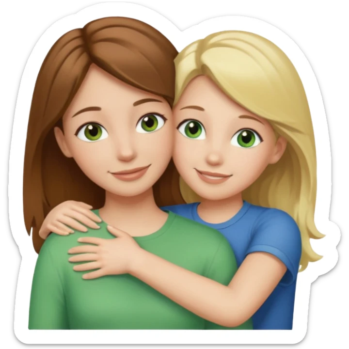 Maman avec les cheveux marrons les yeux marrons et la peau blanche, la fille avec les cheveux blond les yeux verts et la peau blanche, qui se font un câlin  sticker
