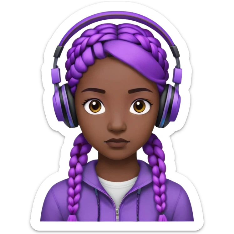 "- Nữ
- 15 tuổi
- Da đen
- Tóc tết, màu tím
- Mặt nghiêm túc
- Đeo tai nghe
" sticker