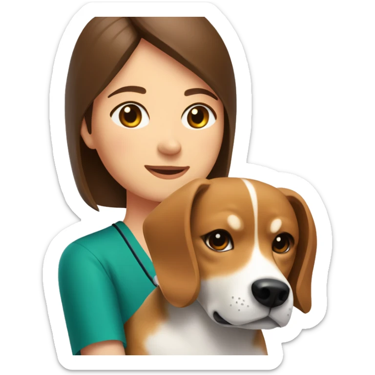  A Beagle dog and a Shiba Inu dog cuddle pediatrician woman with medium long  brown hair  sticker