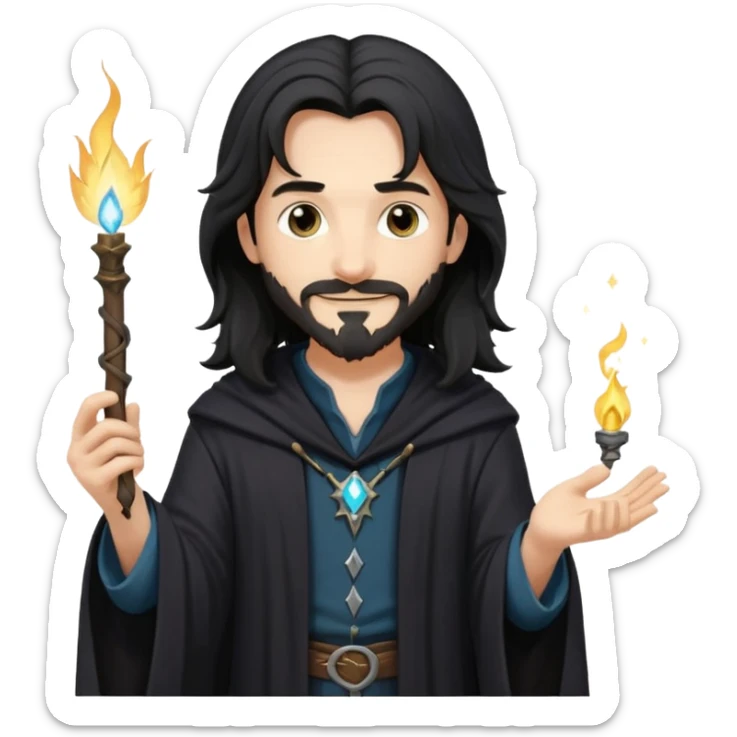 Sirius Black emoji, friendly smile, long hair, casual wizard outfit, holding small magical spark sticker