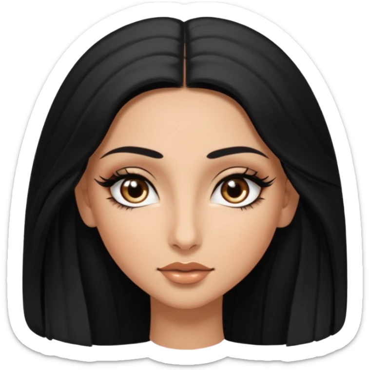 A arabic girl, who has long black styled silk hair, a bit of tan skin but not too tan. almond brown eyes that has black long lashes, small nose and full lips. and a bit of makeup like bronzer. and wearing a white tight top sticker