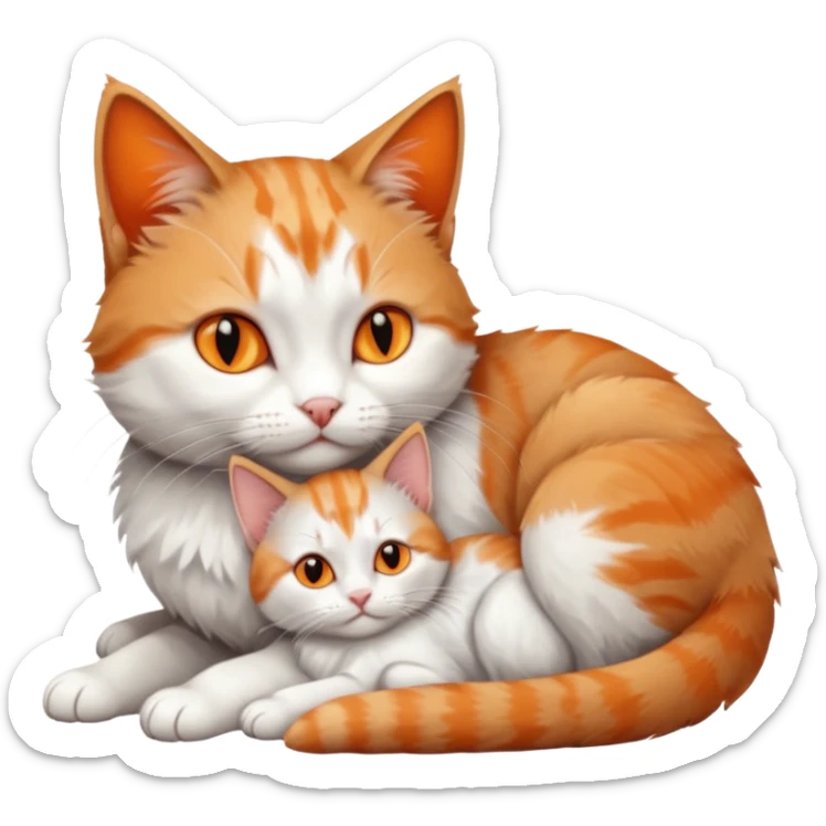 full body of a grey and white cat cuddling a very small + skinny ginger and white kitten with deep orange eyes and triangular shaped face lying down sticker