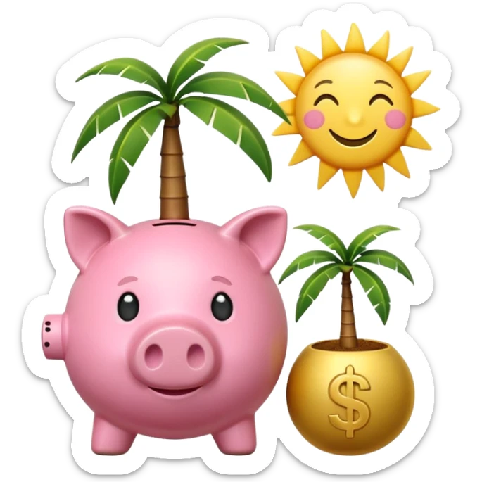 A simple emoji-style icon: A piggy bank with a coin dropping into it, next to a small palm tree and sun, symbolizing saving today for retirement tomorrow. Minimalist, clean design, consistent with emoji aesthetics. sticker