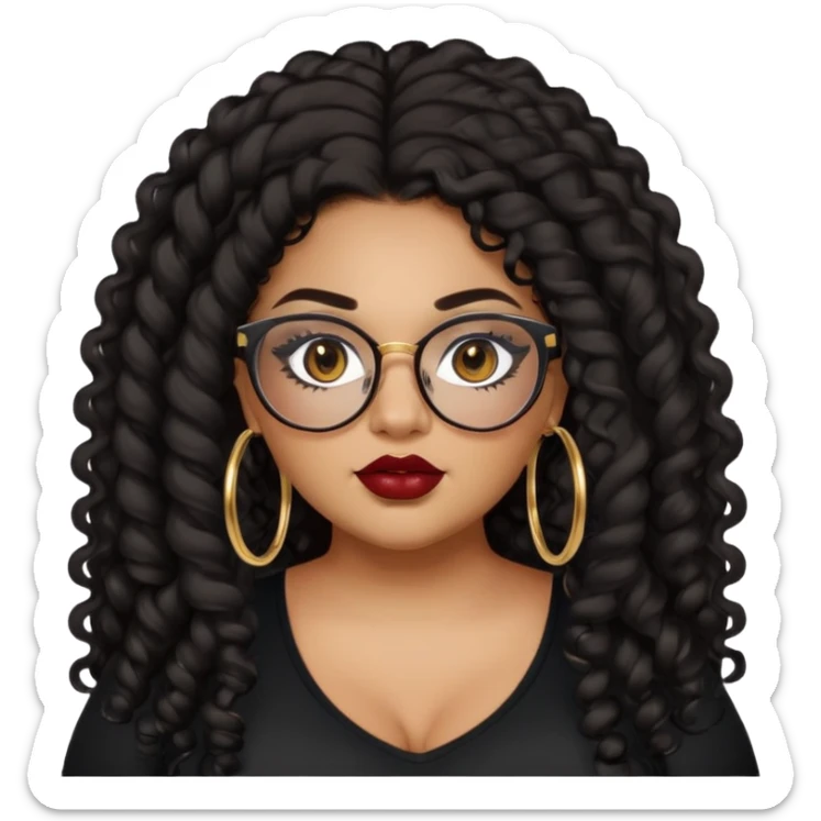 teen big plus size, latina, darker tan skin, gold hoops, long black curly hair, baddie,pretty, makeup, dark red lipgloss, black eyeliner, long hair, black top, black glasses sticker
