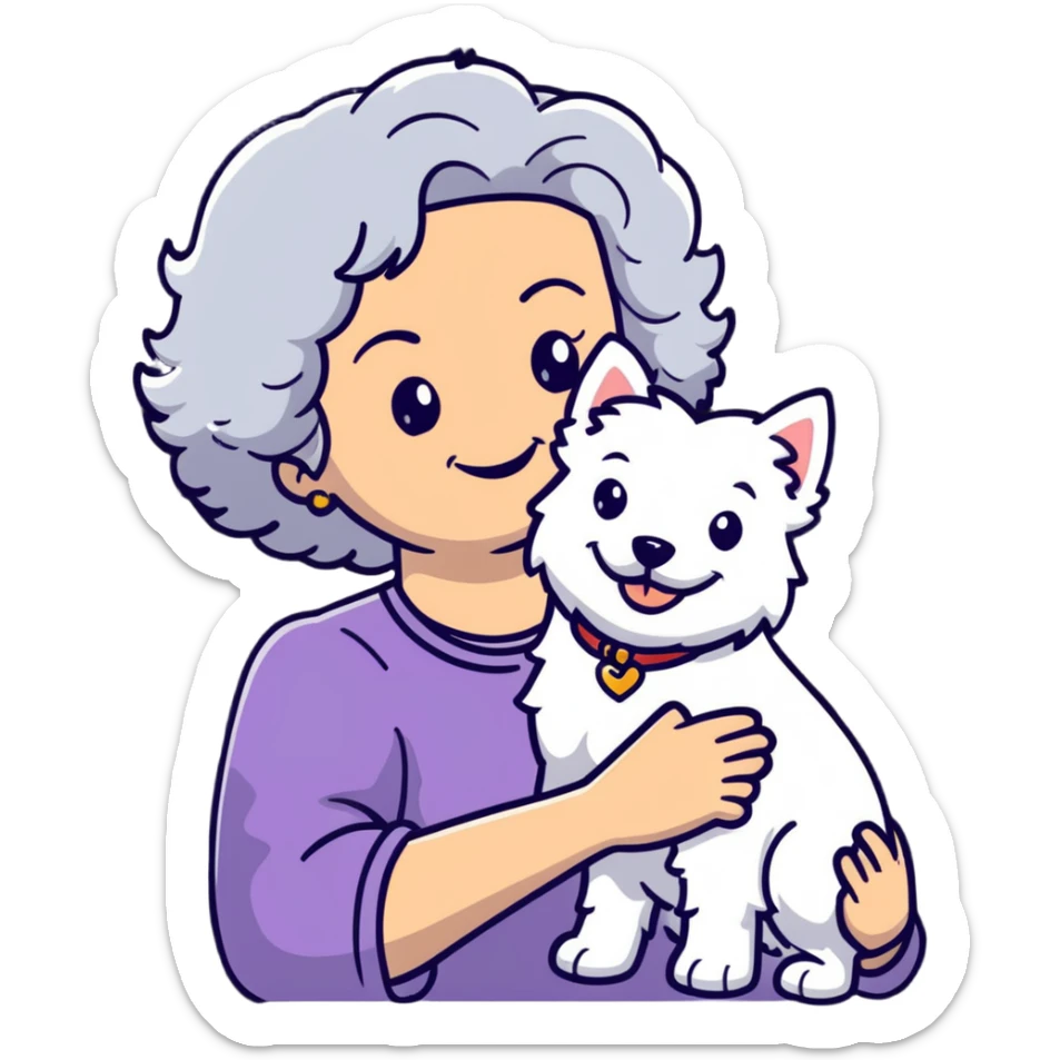50-year-old woman with silver curly hair, smiling, with a Westie dog, cartoonish sticker sticker