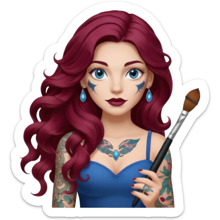  Female long wavy burgundy hair, blue eyes, large tattooed, artist with a makeup brush  sticker