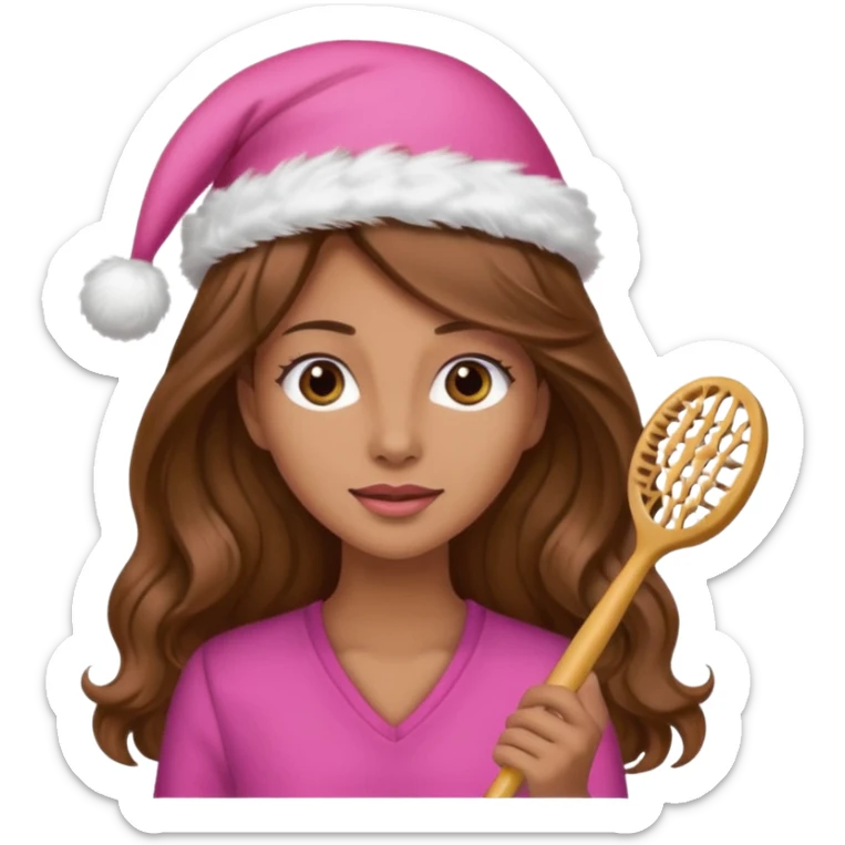 mujer peinandose en la peluqueria y con un gorro de navidad rosado, cabello largo café y ondulado sticker