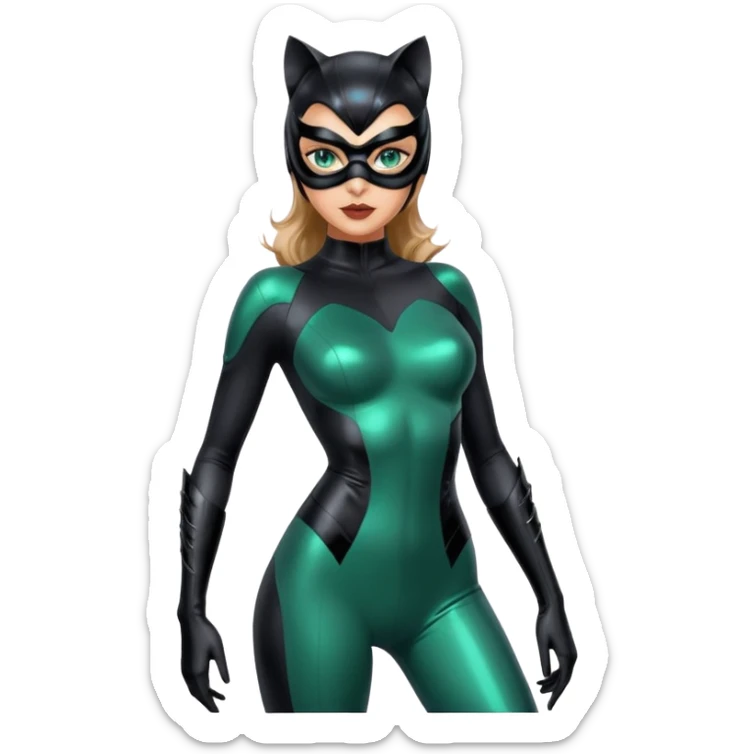 Full body Futuristic Catwoman big blue green eyes with shiny patent leather mask, long false eyashes, most incredible highly detailed Futuristic seductive overall appearance  sticker