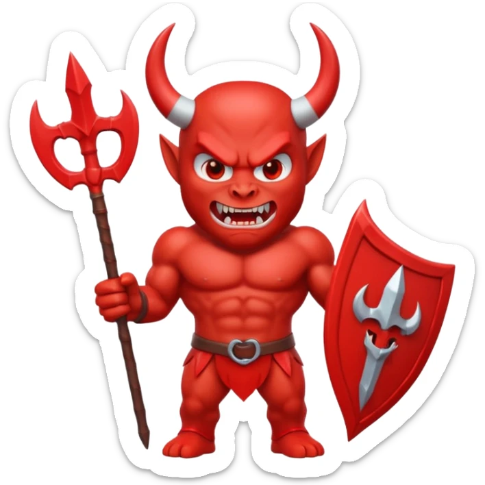 Red devil emoji, 3D cartoon style, muscular body, bright red skin, big curved white horns, angry face, sharp teeth smile, holding red trident, glossy emoji texture, centered character, GREEN SCREEN BACKGROUND, solid green color sticker