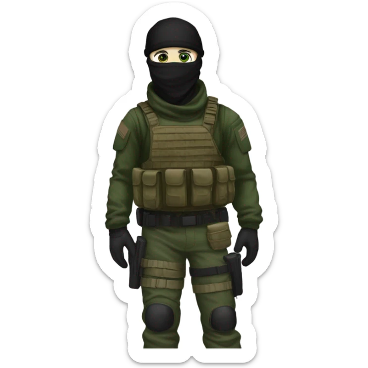 male, tall, white skin, black mask, green camo tactical gear, combat boots, black beanie, hazel eyes sticker