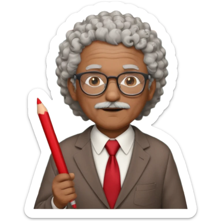 old man teacher, brown skin, curly grey white hai, wearing glasses, brown suit, red tie hold chalk on hand sticker