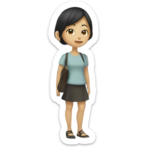 A short hair asian girl stand outside a building named CMC sticker