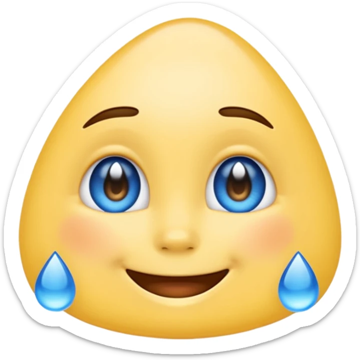 mix of these two 🥺☺️ but make it classic orginal emoji not woman or man face and without hearts and a little bit sad but still smile, make the drops blue like cry but IT NEEDS TO BE HAPPY sticker