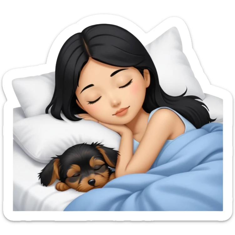 pretty asian girl with black hair sleeping in bed with small yorkshire terrier sticker