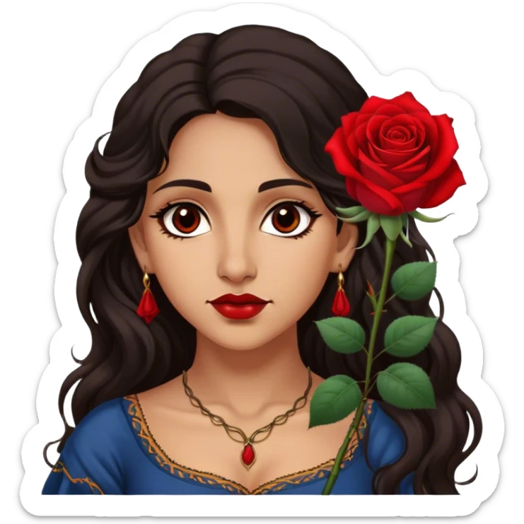 A Romani woman with long, wavy dark hair and a single red rose behind one ear. She has deep eyes and a confident, mysterious expression sticker