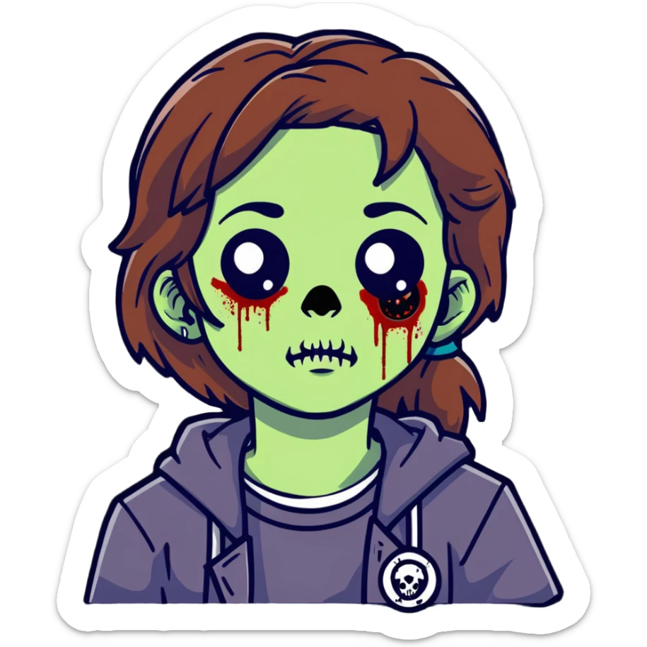zombie teen girl with brown hair, grunge style, and septum piercing sticker