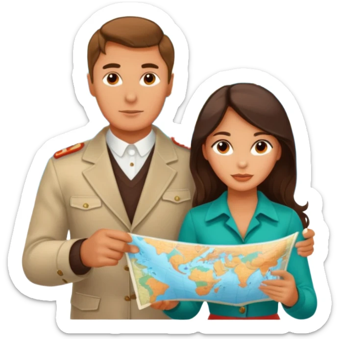 Russian man and elegant fair-skinned Latina girl in costal outfits with a map planning  sticker