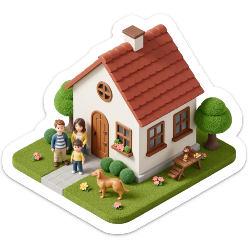 skeuomorphic icon of a cozy house with a family of four (two adults, two children) and a dog in front, realistic textures and soft shadows sticker