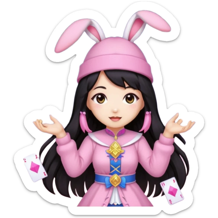 pixel art chibi asian girl with dark long hair in pink bunny ears hat magical girl with kawaii tarot cards thrown in air pixel emoji sticker
