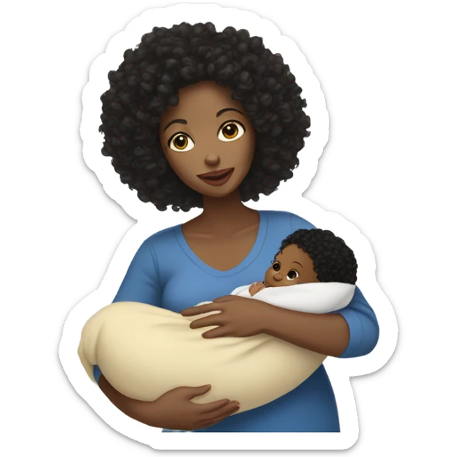 light skinned woman with black curly hair holding newborn baby boy sticker