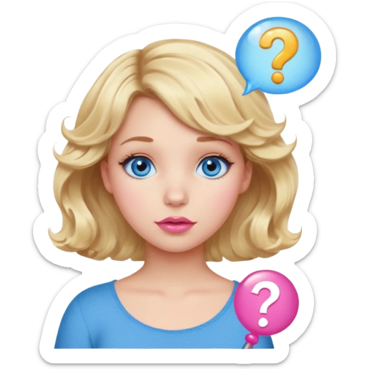 Girl Blonde short wavy hair,  blue eyes, cute blue top, long lashes, pink lips, question mark bubble sticker