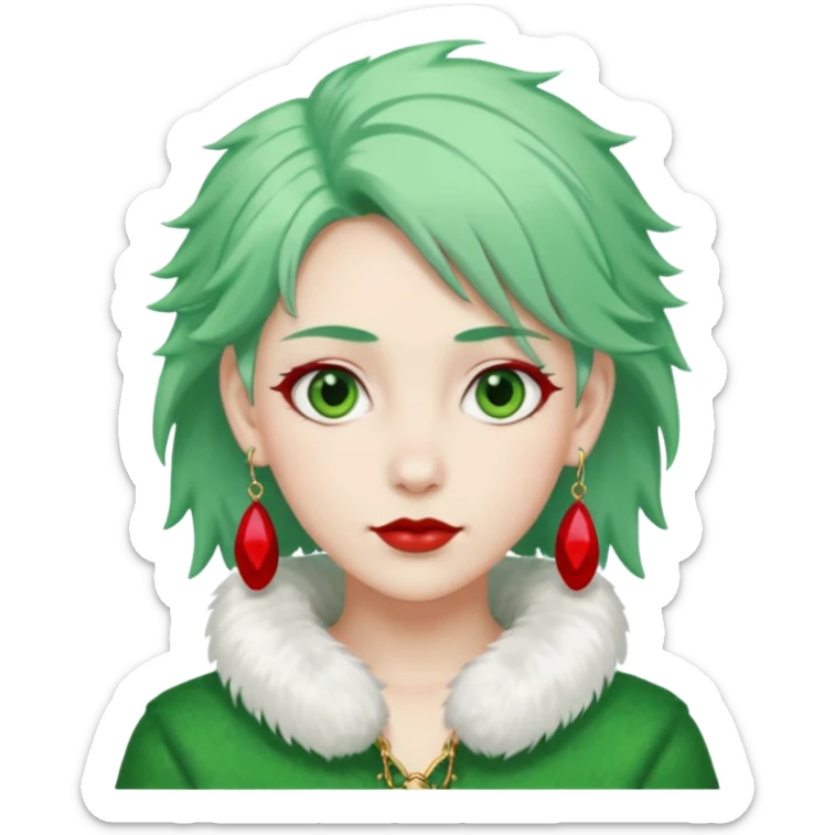 white furred unicorn with green hair and big red earrings looking into camera sticker
