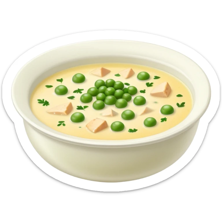 A bowl of creamy soup made with chicken broth, peas, chives, parsley, and Parmesan cheese sticker