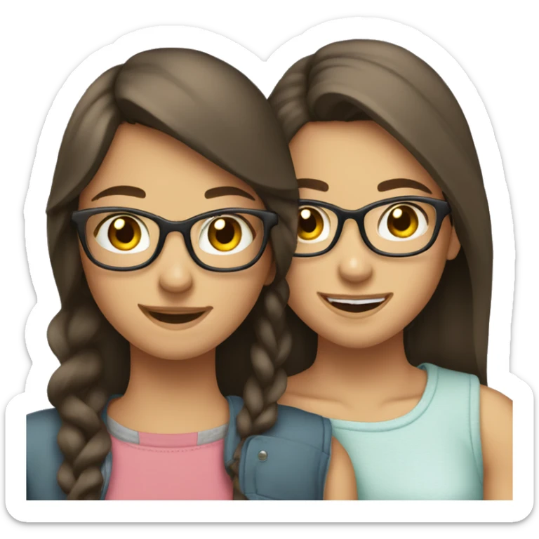 two brunette teenage girls hugging each other one with braces other with clear glasses sticker
