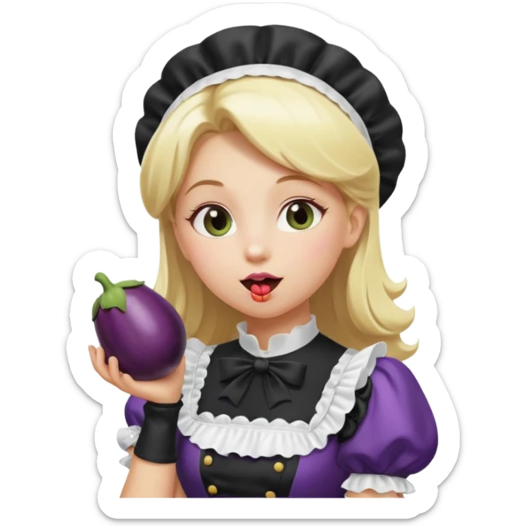 A women with blond hair in a black and white maid dress, licking an eggplant sticker