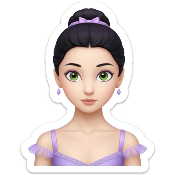 Cinematic Realistic ballerina Light Purple Portrait, depicted with lifelike skin texture, subtle rosy undertones, and soft natural lighting that enhances the gentle contours of her face. Her intricately detailed sweet black hair is elegantly styled, green eyes sticker