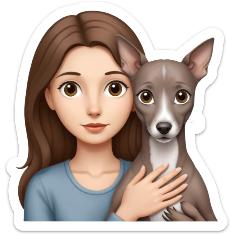 A girl with long brown hair holding a gray Italian Greyhound sticker
