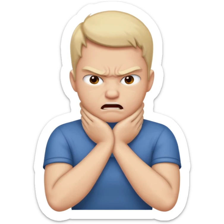 Grabbing throat with hands and looking angry with arms crossed and under chin, grabbing neck sticker