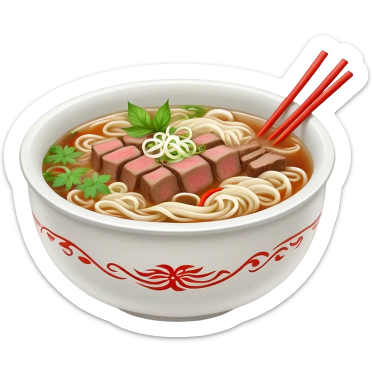 Cinematic Realistic Pho Dish Emoji, depicted as a steaming bowl of aromatic beef noodle soup with herbs rendered with lifelike textures and vibrant, warm lighting. sticker