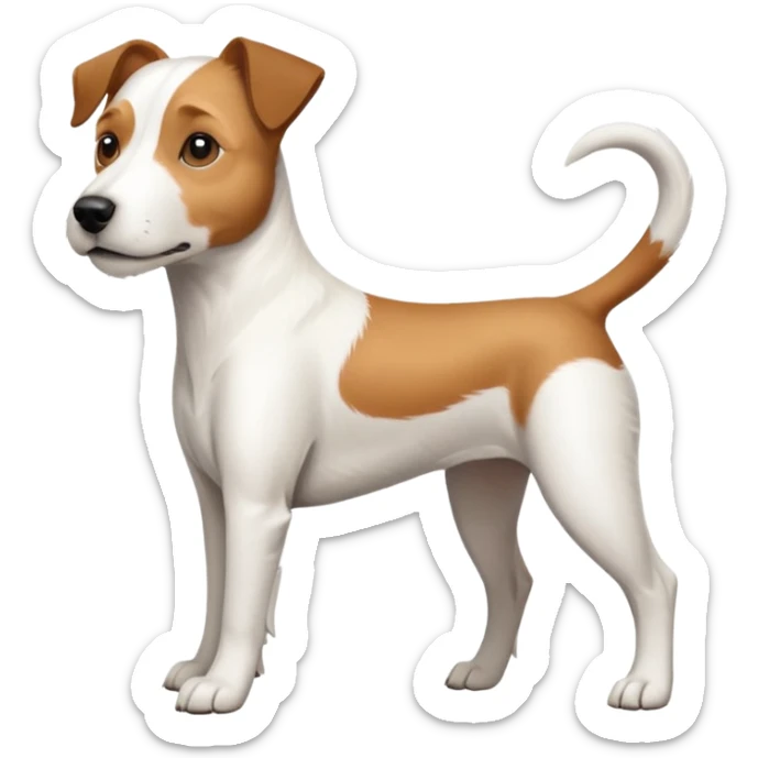 a full body large white parson russell terrier looking dog the size of a kelpie with light brown long ears and a light brown patch on one eye and a large snout sticker
