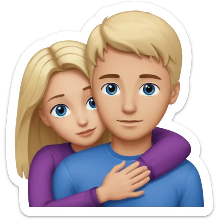 Man with blonde hair and blue eyes hugging a woman with brown hair and brown eyes sticker