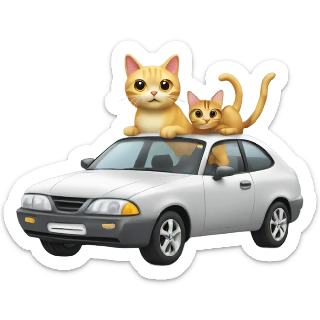 A cartoon emoji-style car with a cat sitting on the open hood, holding a wrench and smiling sticker